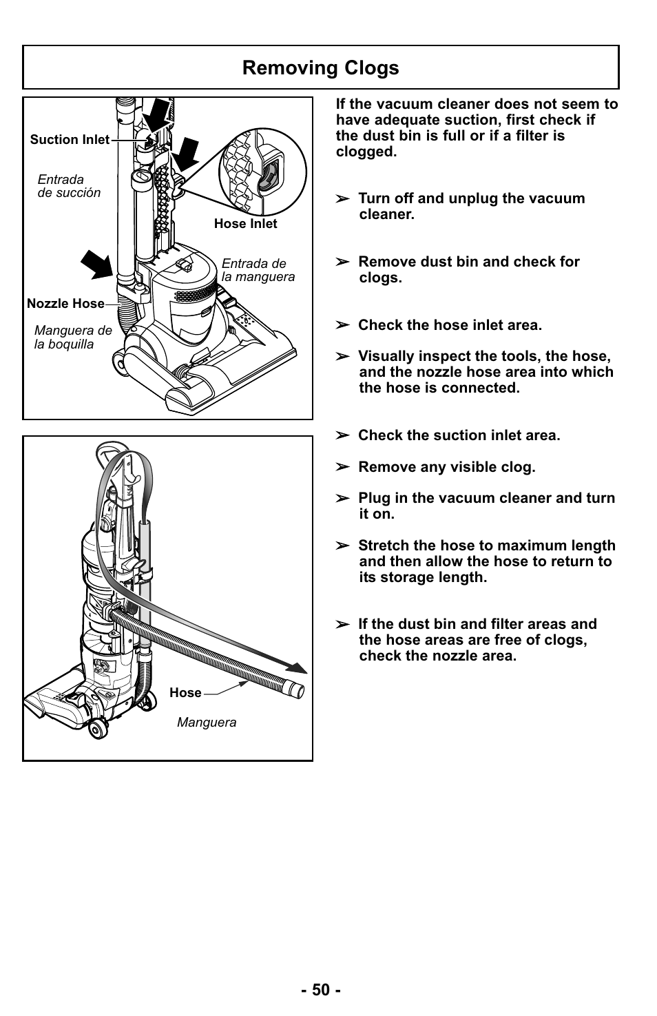 Removing clogs | Panasonic MC-UL427 User Manual | Page 50 / 64