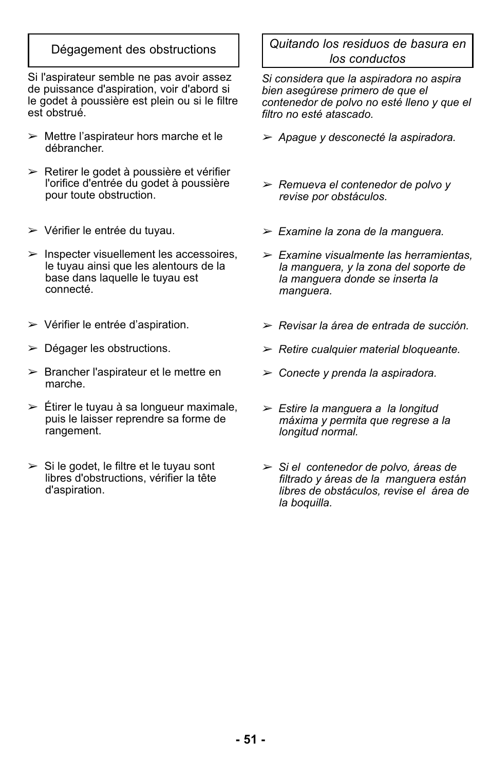 Dégagement des obstructions, Remover obstrucciones | Panasonic MC-UL427 User Manual | Page 51 / 64