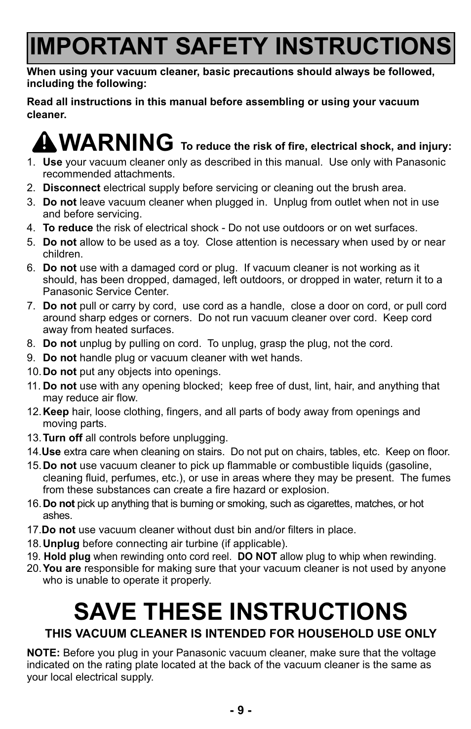 Important safety instructions, Warning, Save these instructions | Panasonic MC-UL427 User Manual | Page 9 / 64