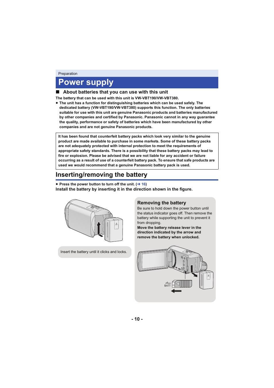 Power supply, Inserting/removing the battery, L 10 | Panasonic HC-V250K User Manual | Page 10 / 207
