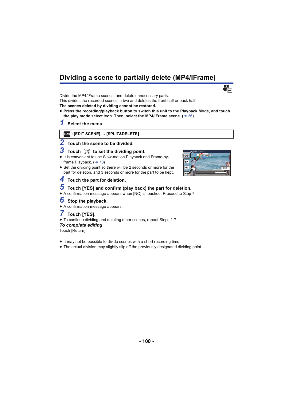 Dividing a scene to partially delete (mp4/iframe) | Panasonic HC-V250K User Manual | Page 100 / 207