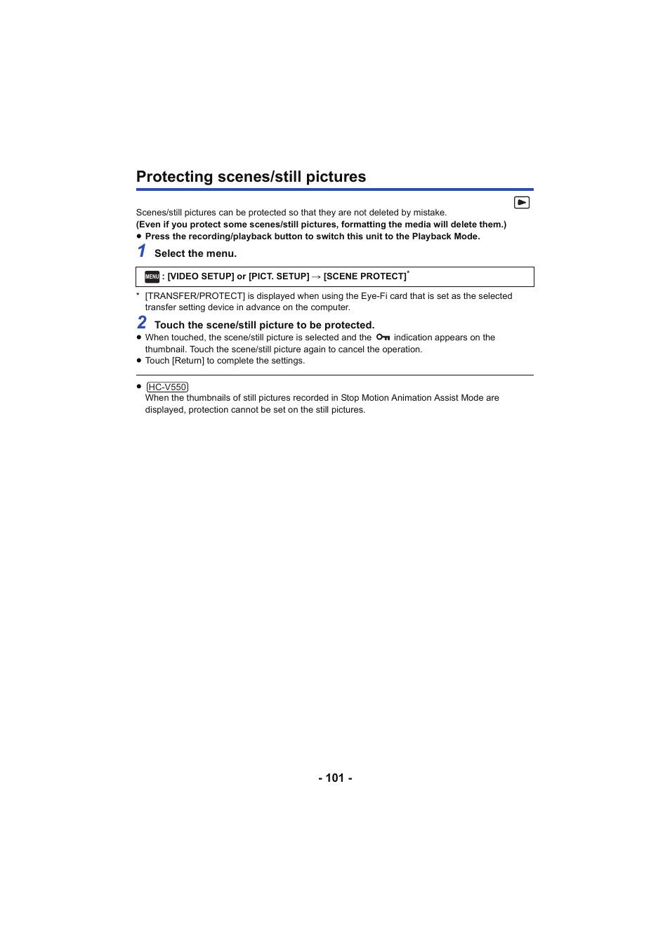Protecting scenes/still pictures | Panasonic HC-V250K User Manual | Page 101 / 207