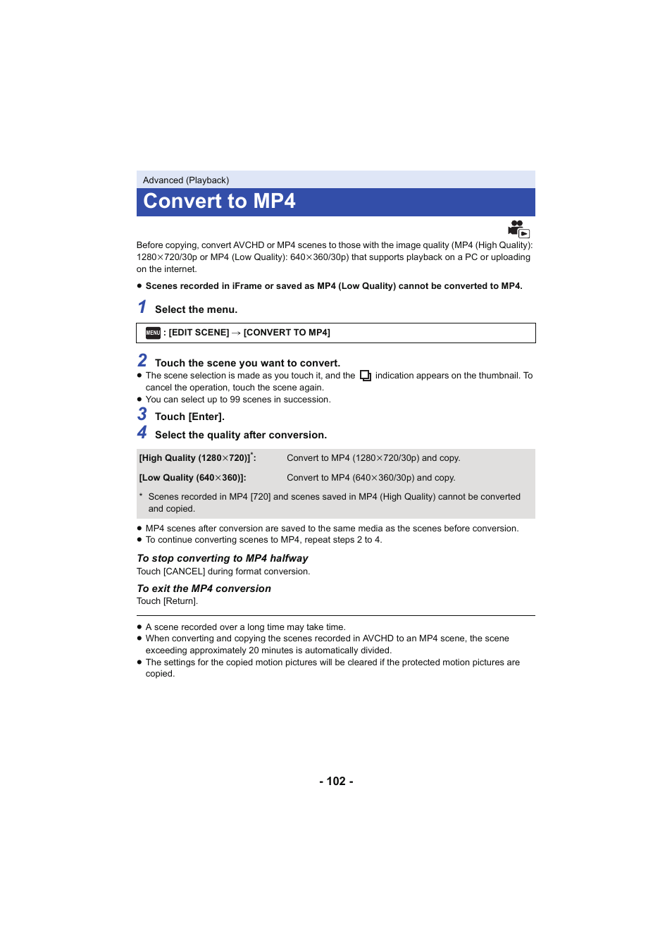Convert to mp4, L 102 | Panasonic HC-V250K User Manual | Page 102 / 207