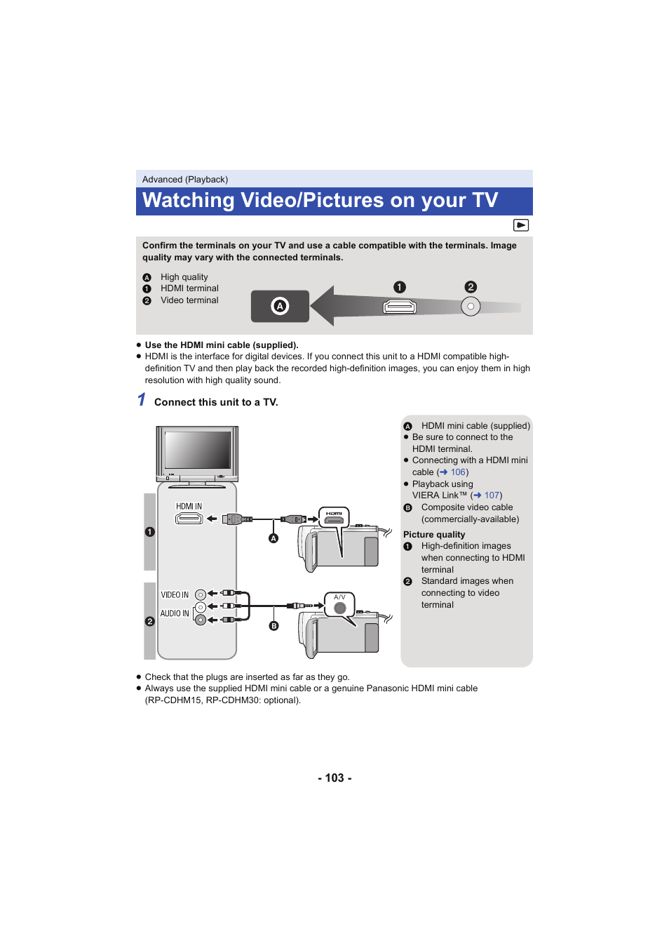 Watching video/pictures on your tv, L 103 | Panasonic HC-V250K User Manual | Page 103 / 207