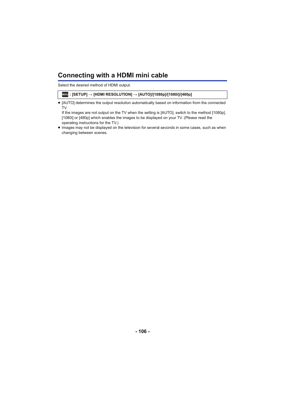 Connecting with a hdmi mini cable, Connecting with a hdmi mini, Cable | L 106 | Panasonic HC-V250K User Manual | Page 106 / 207
