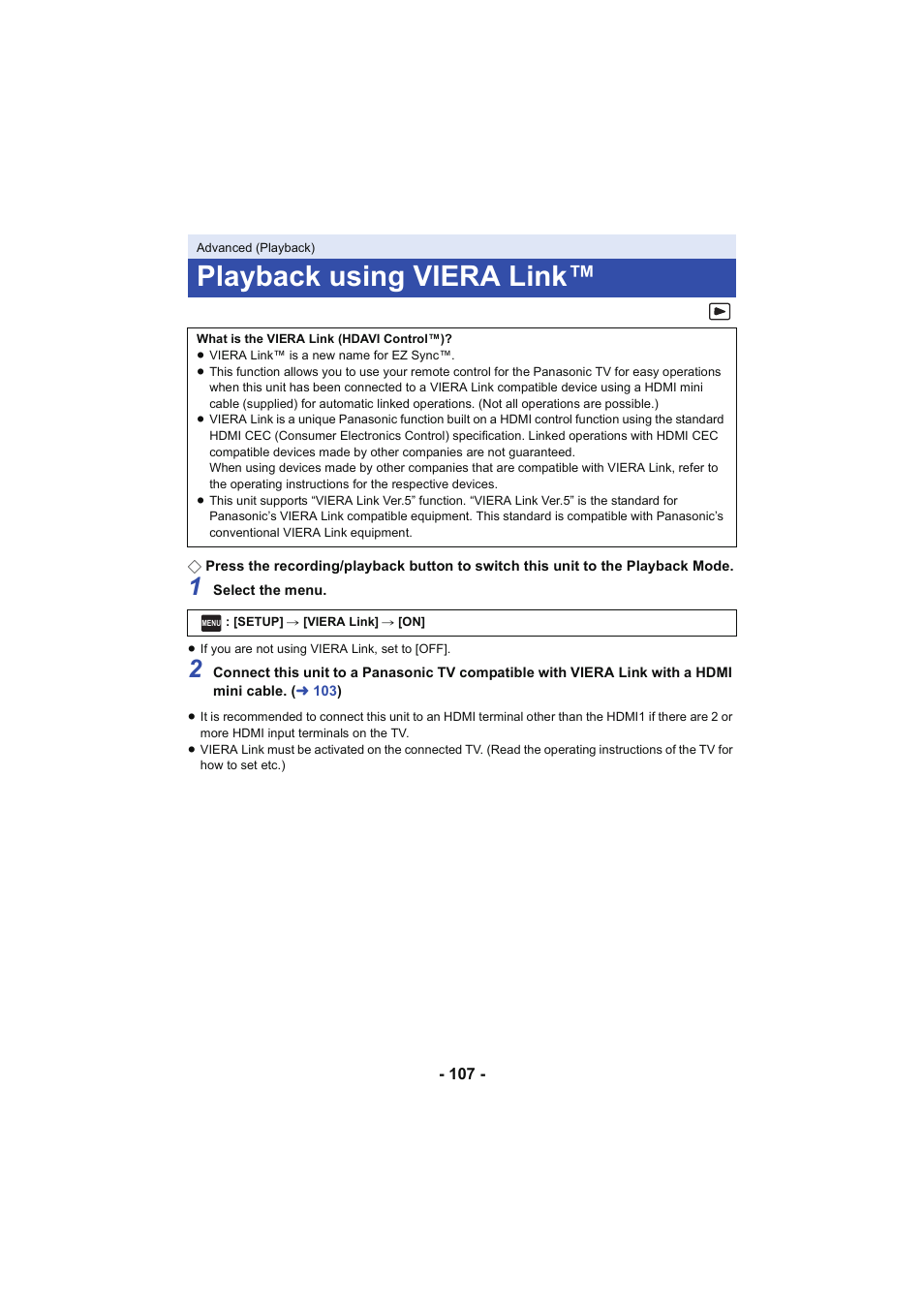 Playback using viera link, Playback using, Viera link | L 107 | Panasonic HC-V250K User Manual | Page 107 / 207