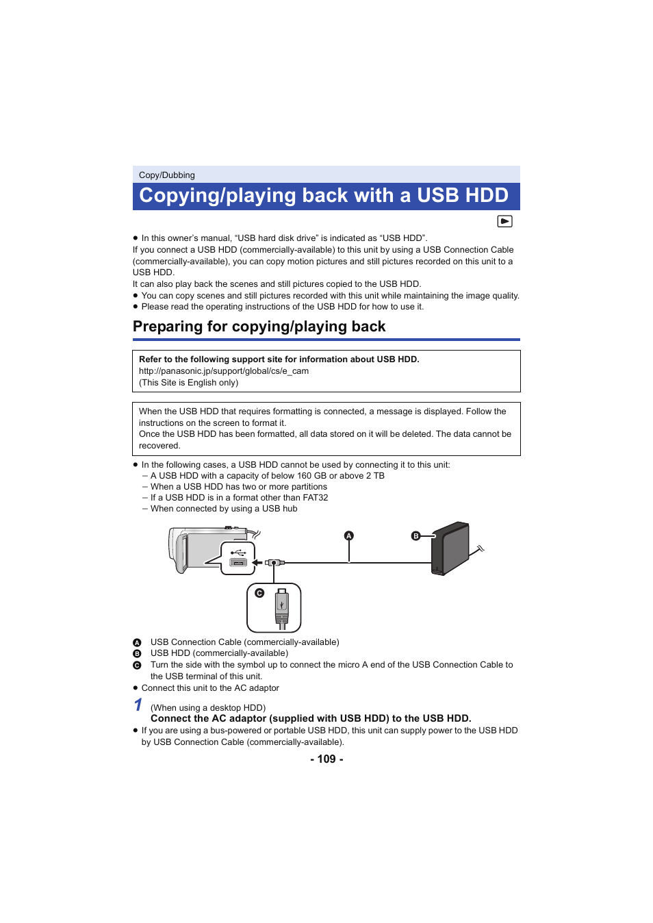Copy/dubbing, Copying/playing back with a usb hdd, Preparing for copying/playing back | L 109 | Panasonic HC-V250K User Manual | Page 109 / 207