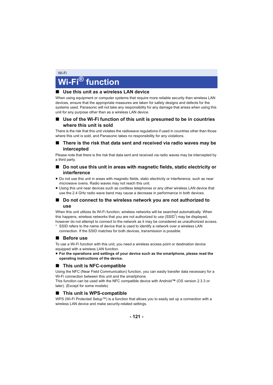 Wi-fi, Wi-fi function, Function | Panasonic HC-V250K User Manual | Page 121 / 207