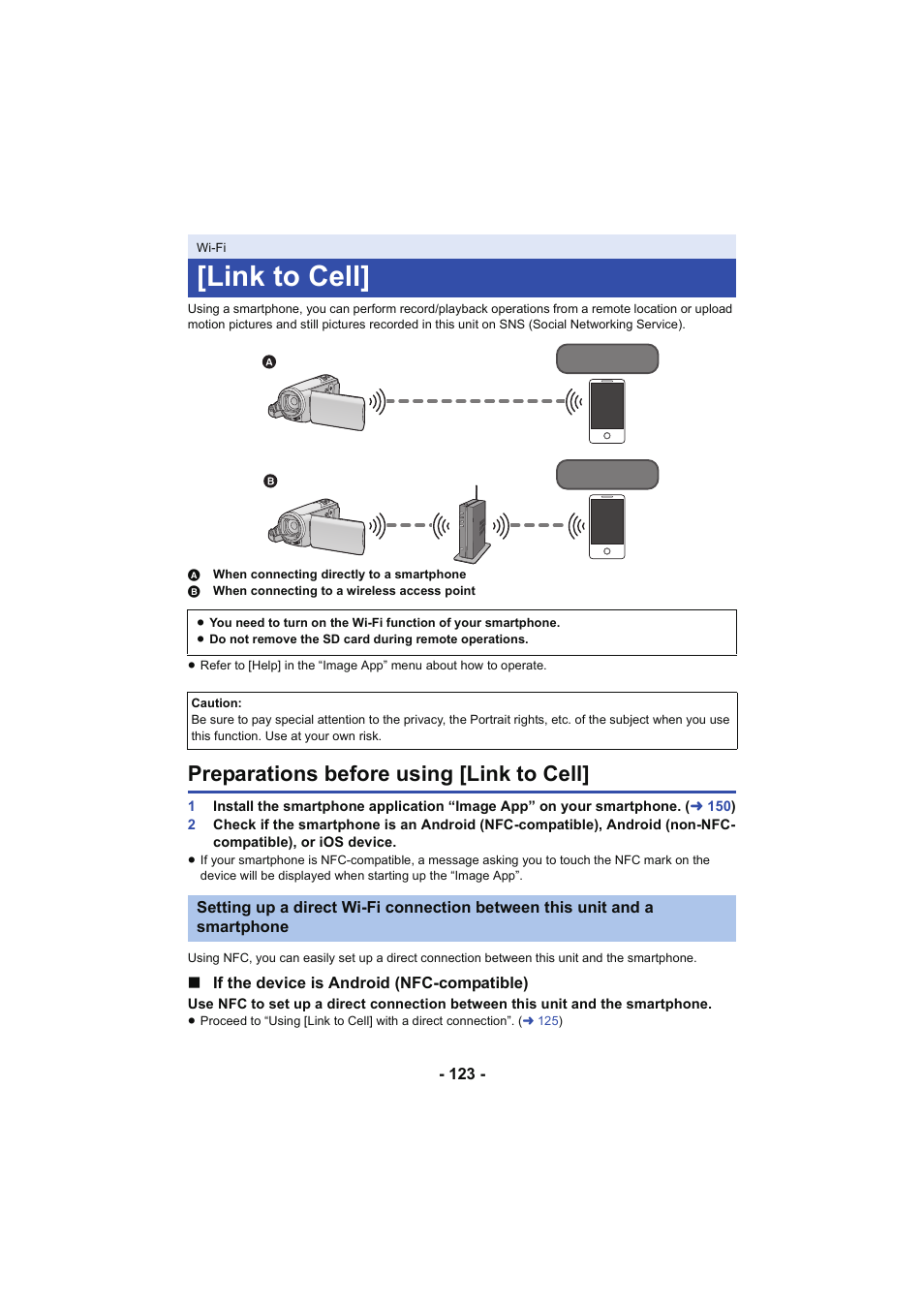 Link to cell, Preparations before using [link to cell, L 123 | Panasonic HC-V250K User Manual | Page 123 / 207