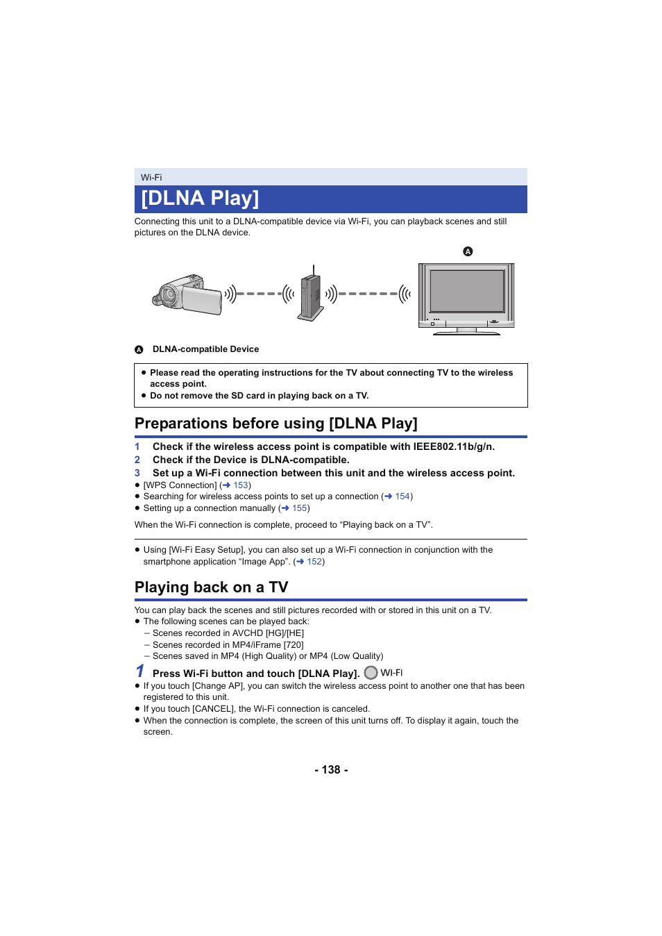 Dlna play, Preparations before using [dlna play, Playing back on a tv | Panasonic HC-V250K User Manual | Page 138 / 207