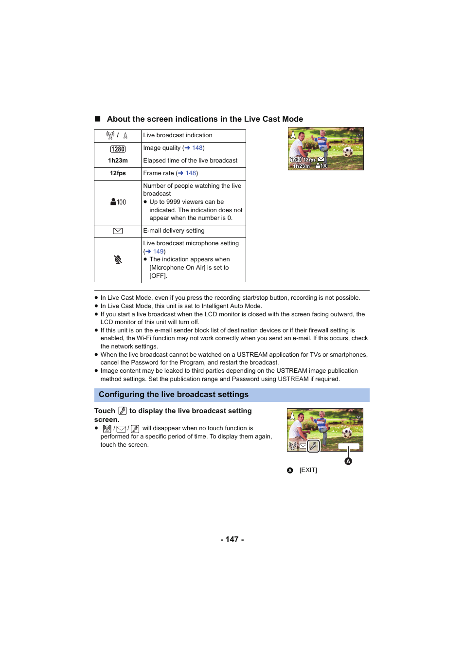 Configuring the live broadcast settings | Panasonic HC-V250K User Manual | Page 147 / 207