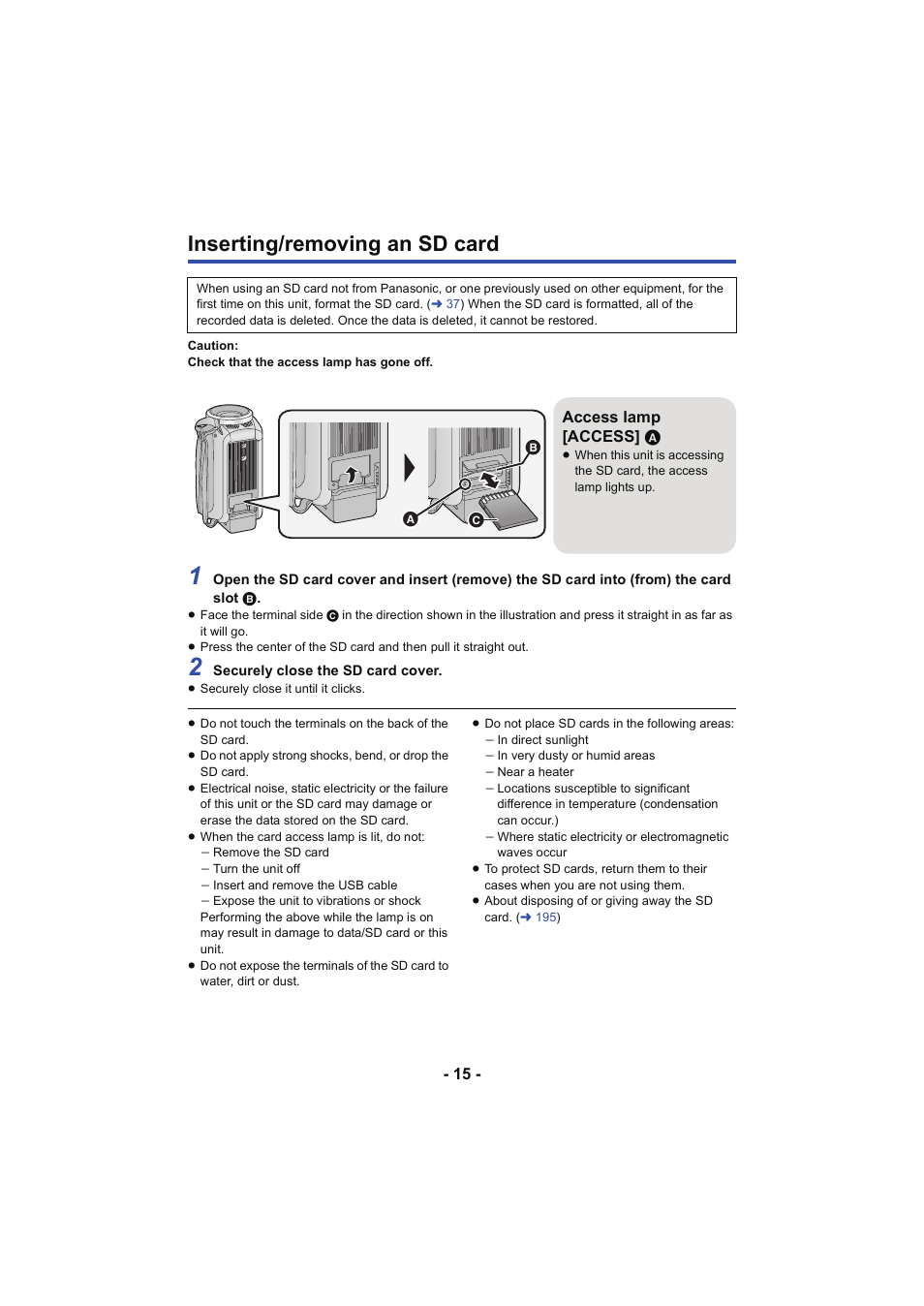Inserting/removing an sd card, L 15 | Panasonic HC-V250K User Manual | Page 15 / 207