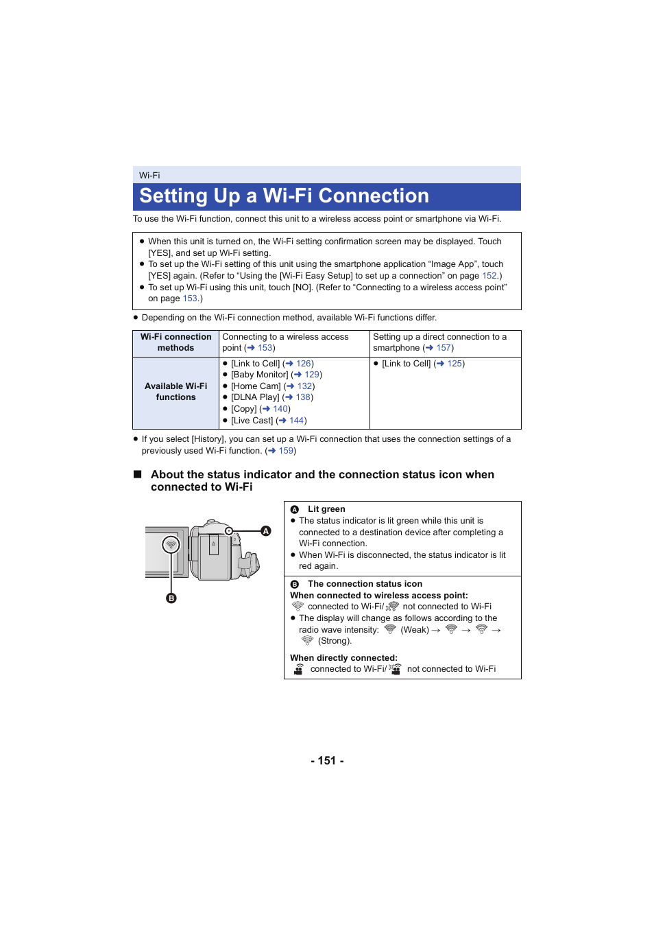 Setting up a wi-fi connection | Panasonic HC-V250K User Manual | Page 151 / 207