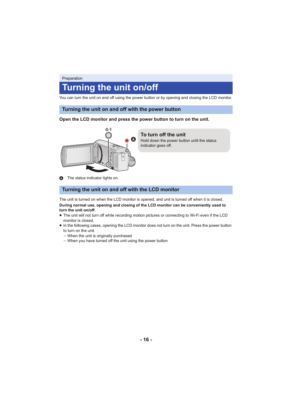Turning the unit on/off, L 16 | Panasonic HC-V250K User Manual | Page 16 / 207