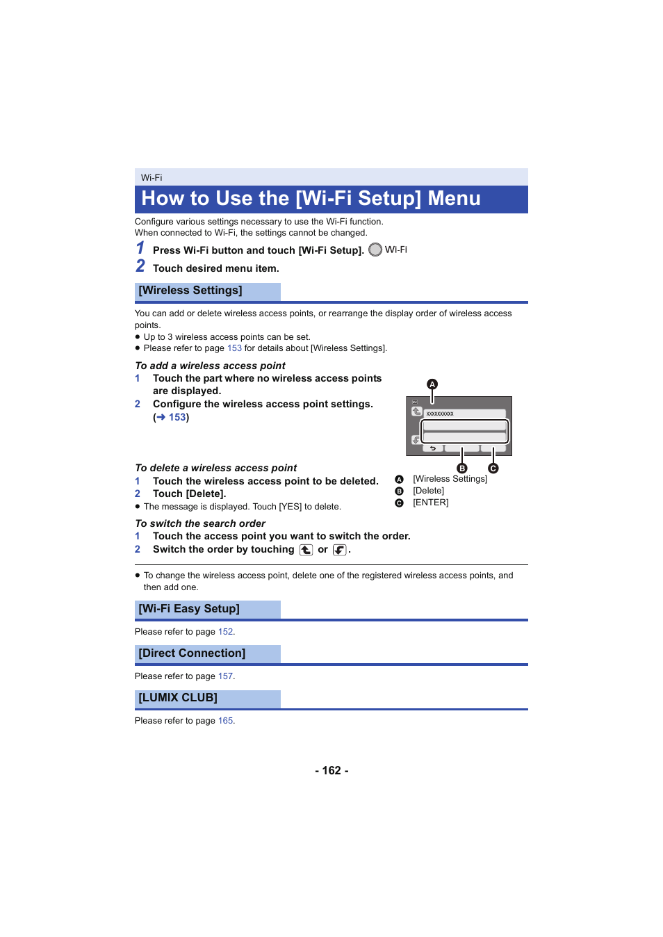 How to use the [wi-fi setup] menu, L 162 | Panasonic HC-V250K User Manual | Page 162 / 207