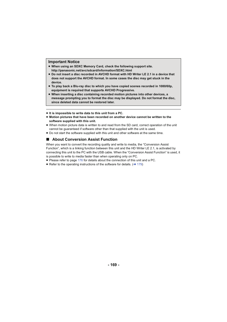 L 169, Important notice), About conversion assist function | Important notice | Panasonic HC-V250K User Manual | Page 169 / 207