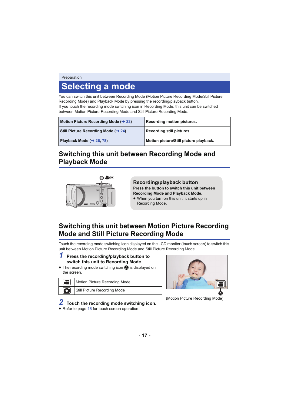Selecting a mode, L 17 | Panasonic HC-V250K User Manual | Page 17 / 207