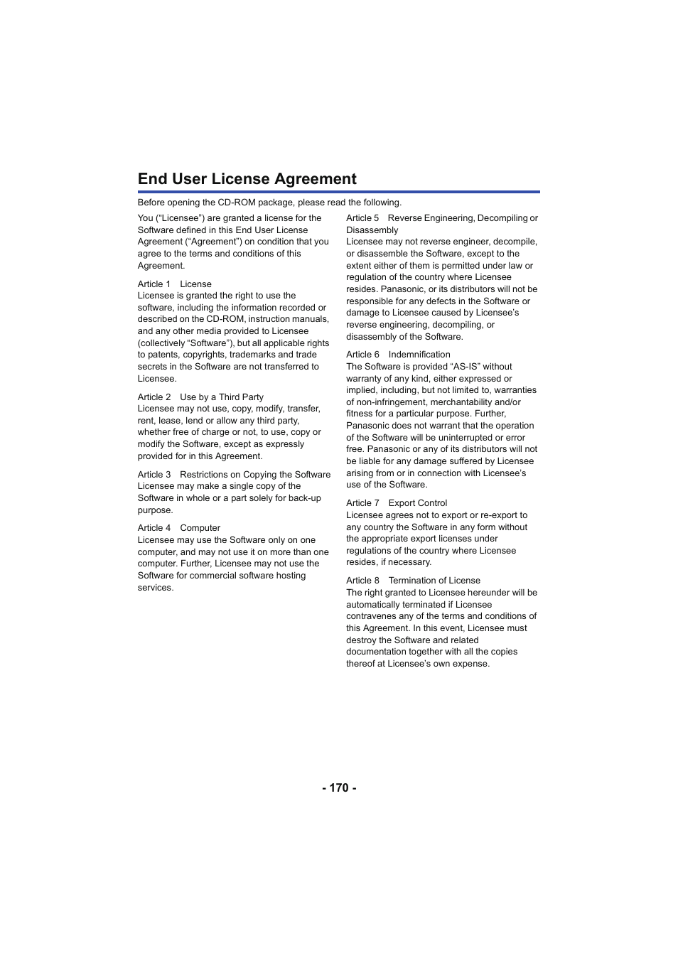 End user license agreement | Panasonic HC-V250K User Manual | Page 170 / 207