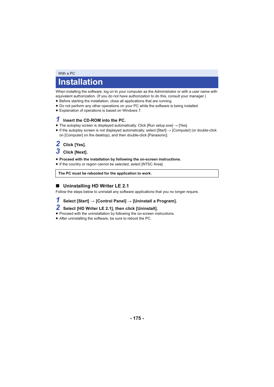 Installation, L 175 | Panasonic HC-V250K User Manual | Page 175 / 207