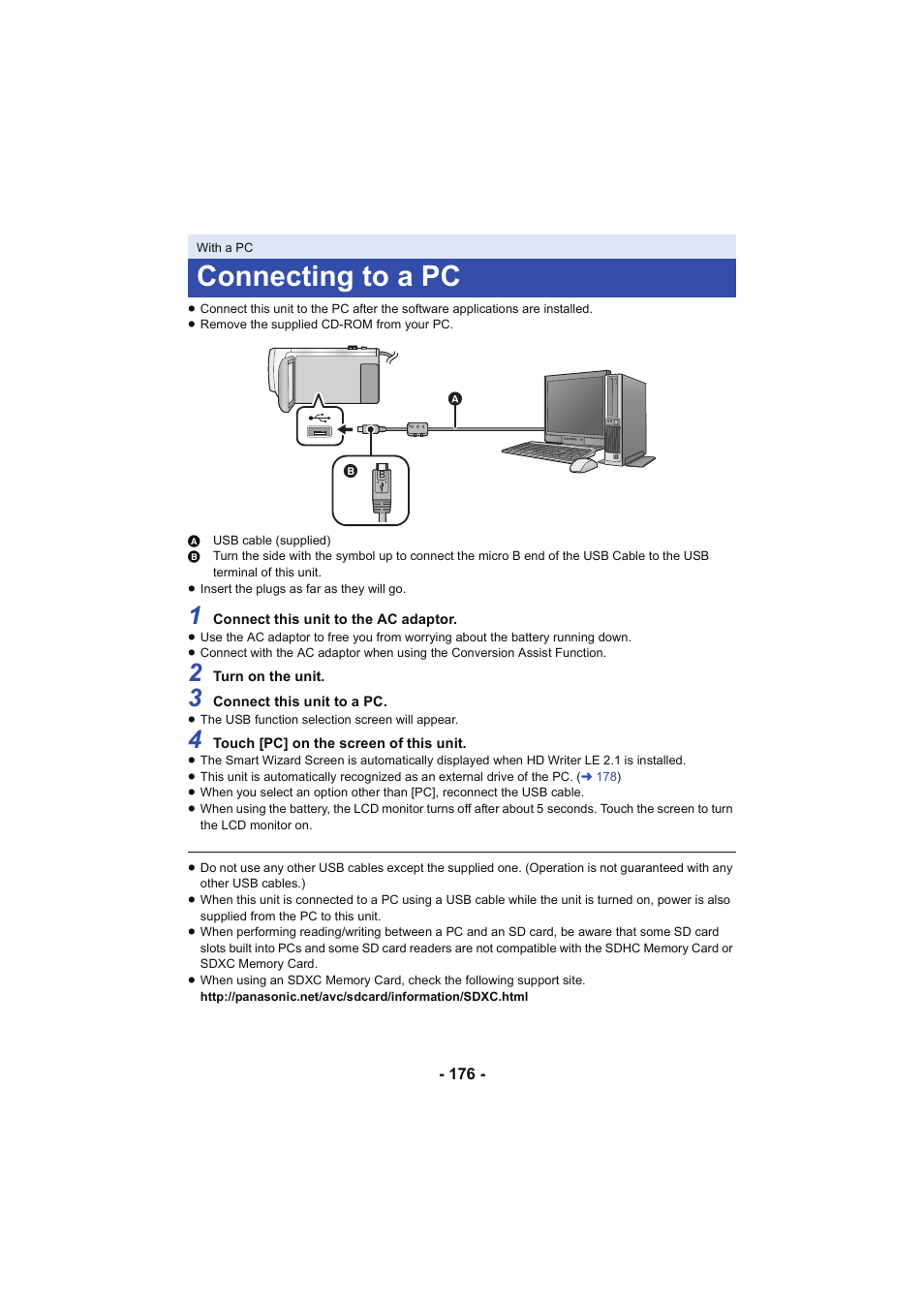 Connecting to a pc, L 176 | Panasonic HC-V250K User Manual | Page 176 / 207