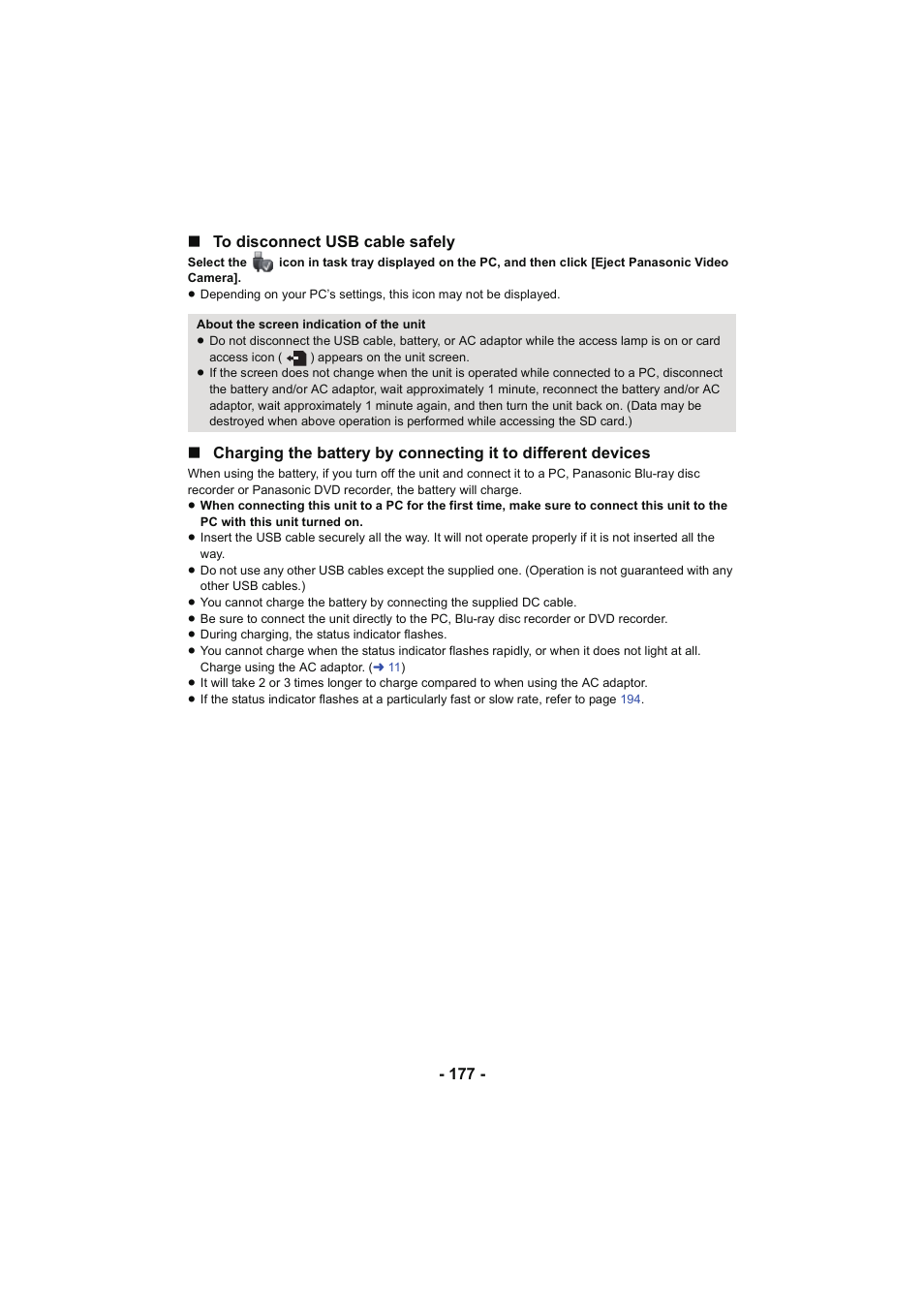 177 - ∫ to disconnect usb cable safely | Panasonic HC-V250K User Manual | Page 177 / 207