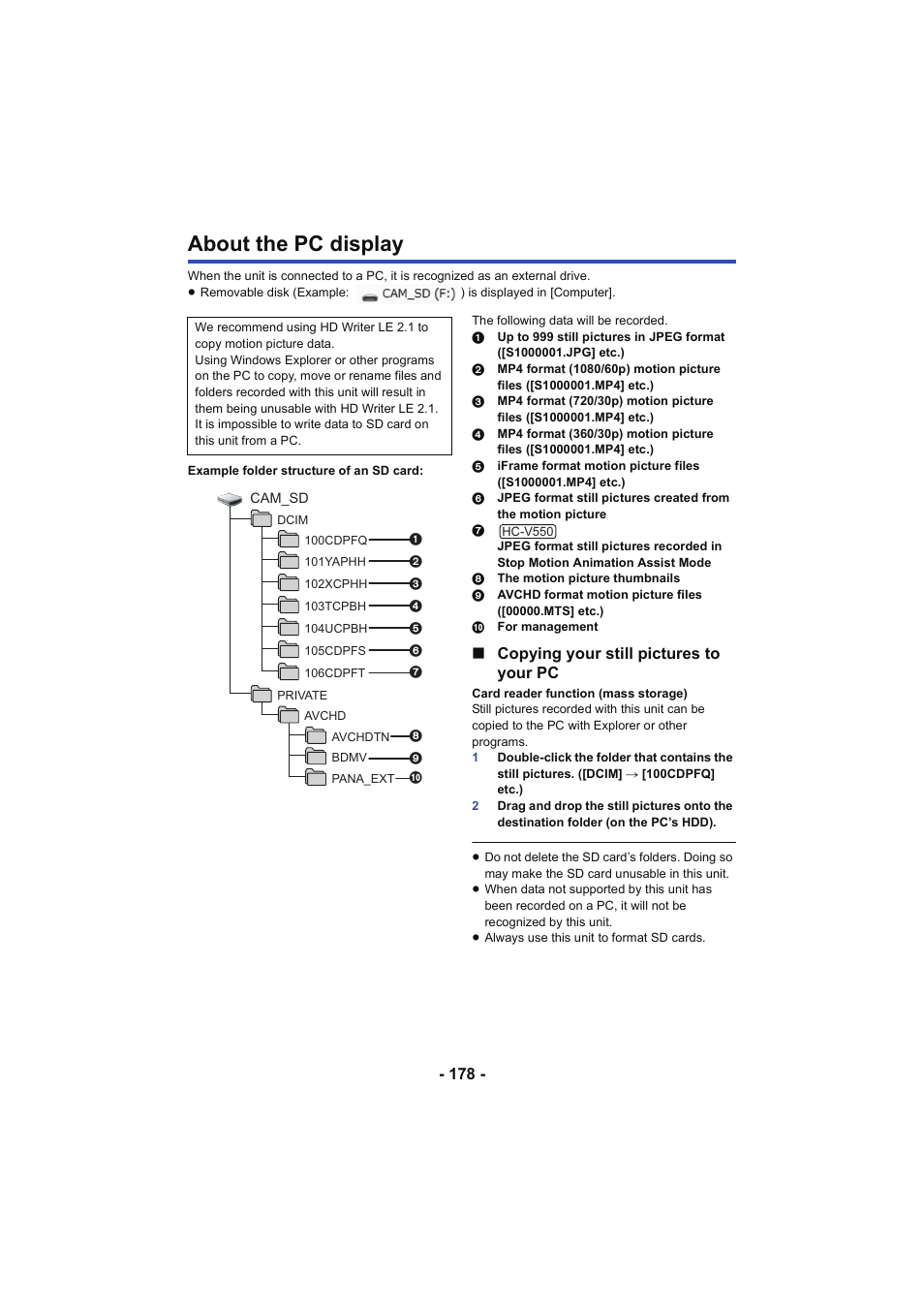 About the pc display, L 178, Copying your still pictures to your pc | Panasonic HC-V250K User Manual | Page 178 / 207