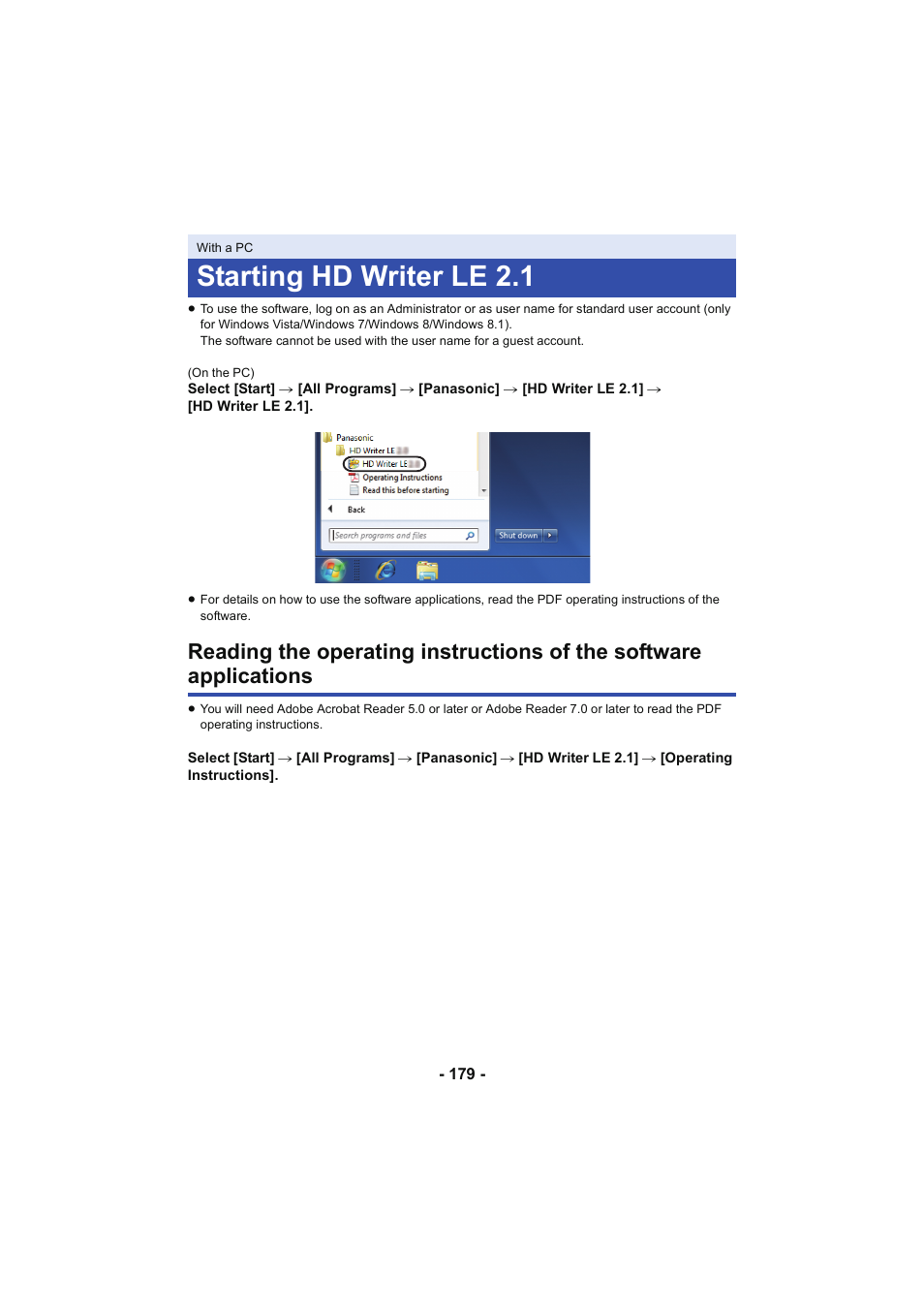 Starting hd writer le 2.1, L 179 | Panasonic HC-V250K User Manual | Page 179 / 207