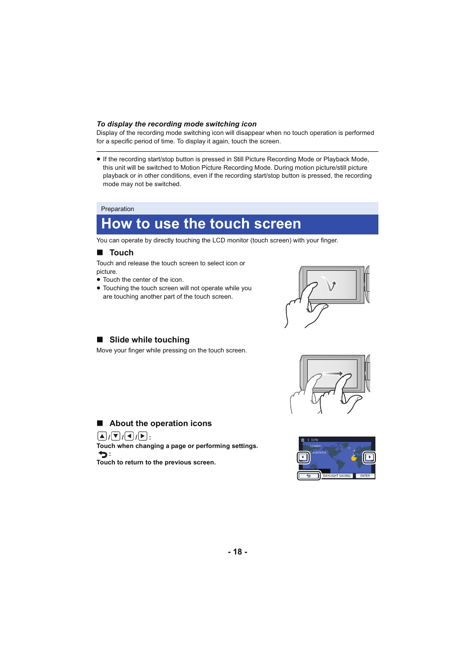 How to use the touch screen, L 18 | Panasonic HC-V250K User Manual | Page 18 / 207