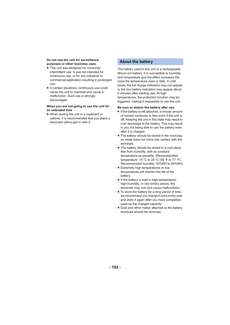 About the battery | Panasonic HC-V250K User Manual | Page 193 / 207