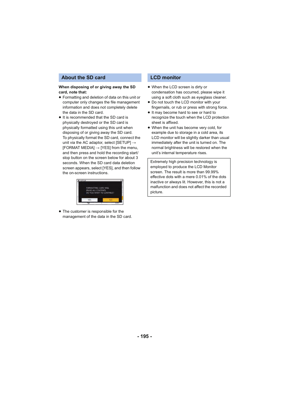 L 195, About the sd card lcd monitor | Panasonic HC-V250K User Manual | Page 195 / 207