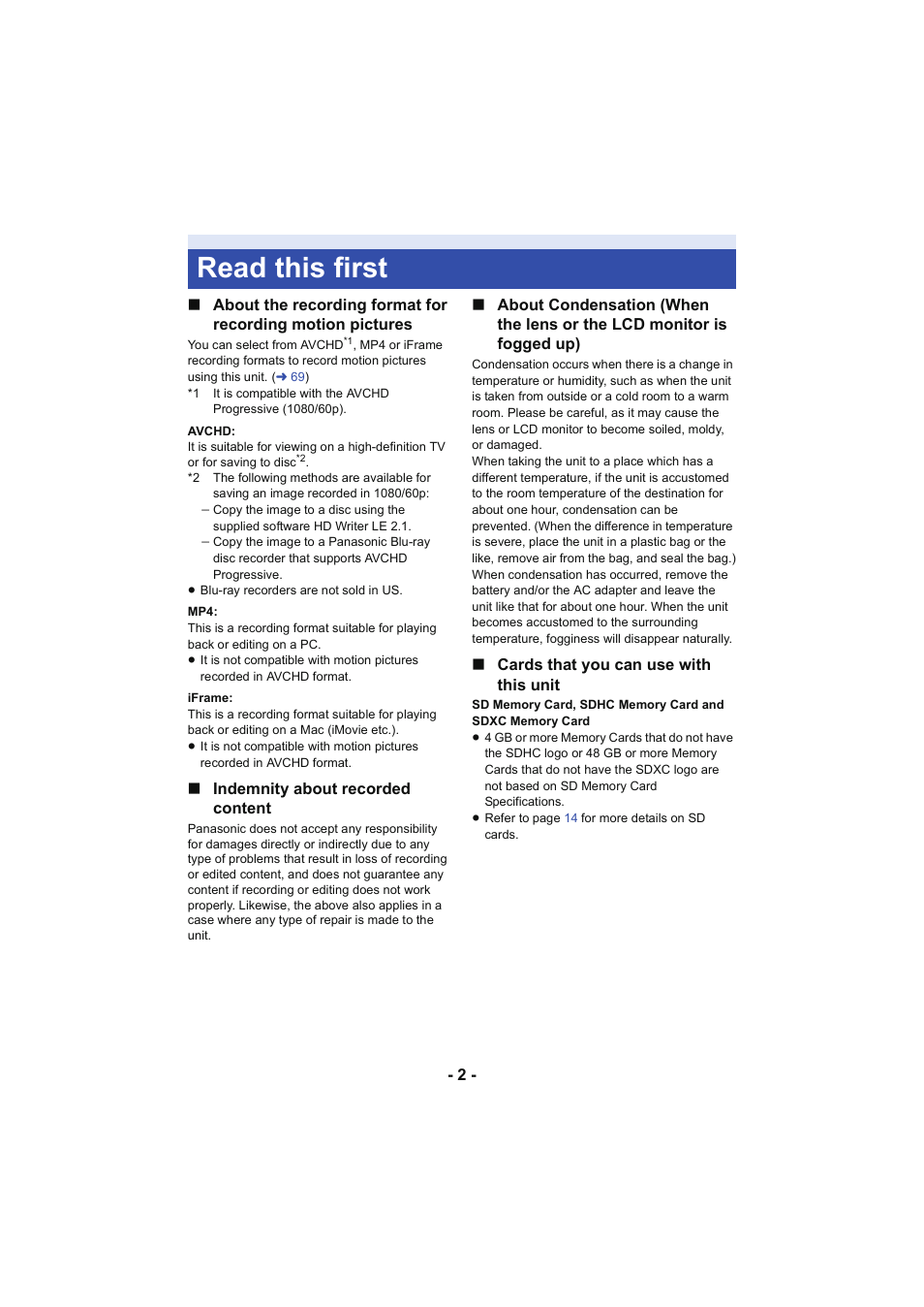 Read this first | Panasonic HC-V250K User Manual | Page 2 / 207