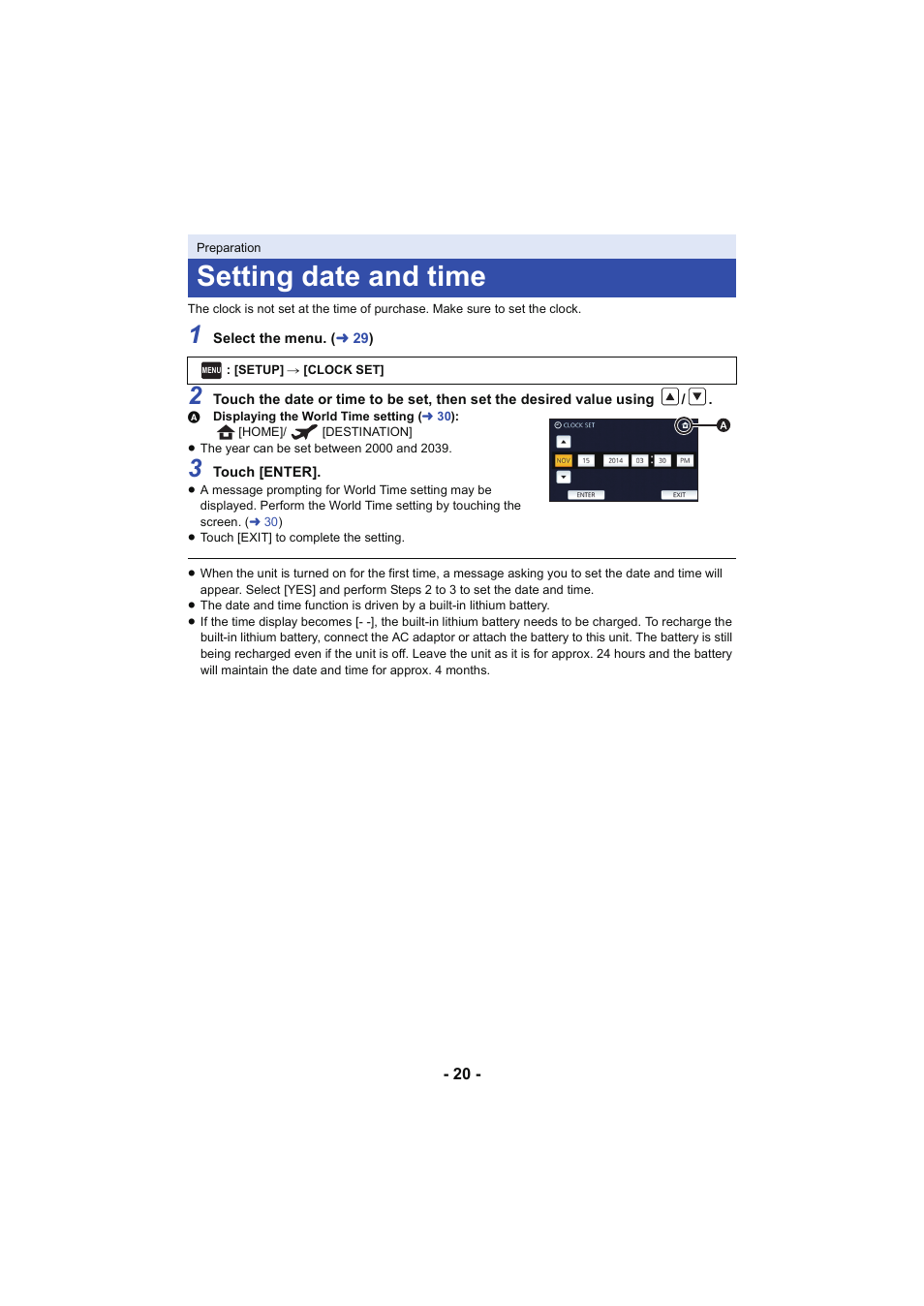 Setting date and time | Panasonic HC-V250K User Manual | Page 20 / 207