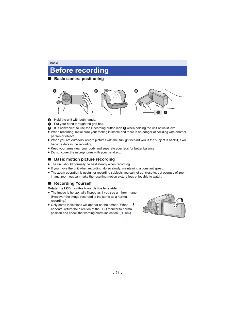 Basic, Before recording | Panasonic HC-V250K User Manual | Page 21 / 207