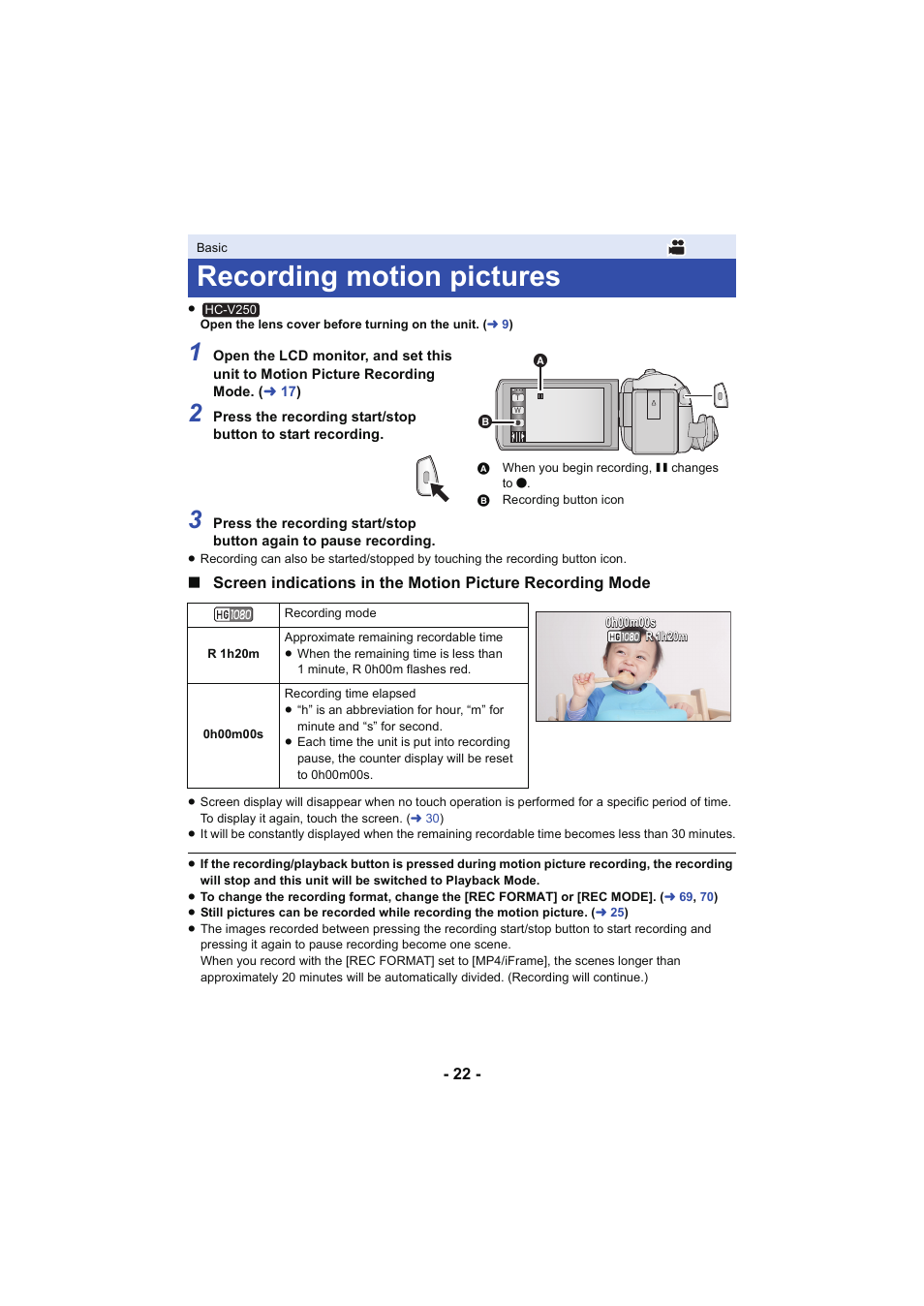 Recording motion pictures, L 22 | Panasonic HC-V250K User Manual | Page 22 / 207
