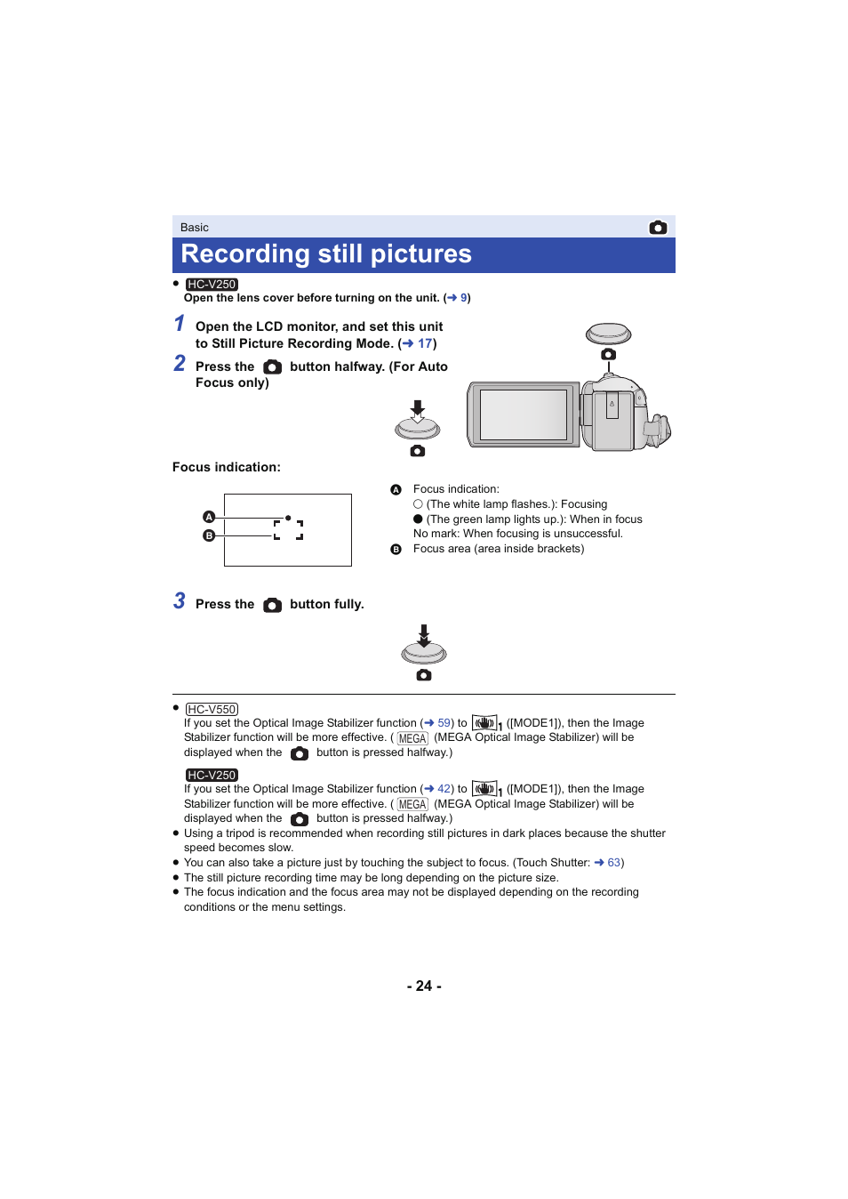 Recording still pictures, L 24 | Panasonic HC-V250K User Manual | Page 24 / 207