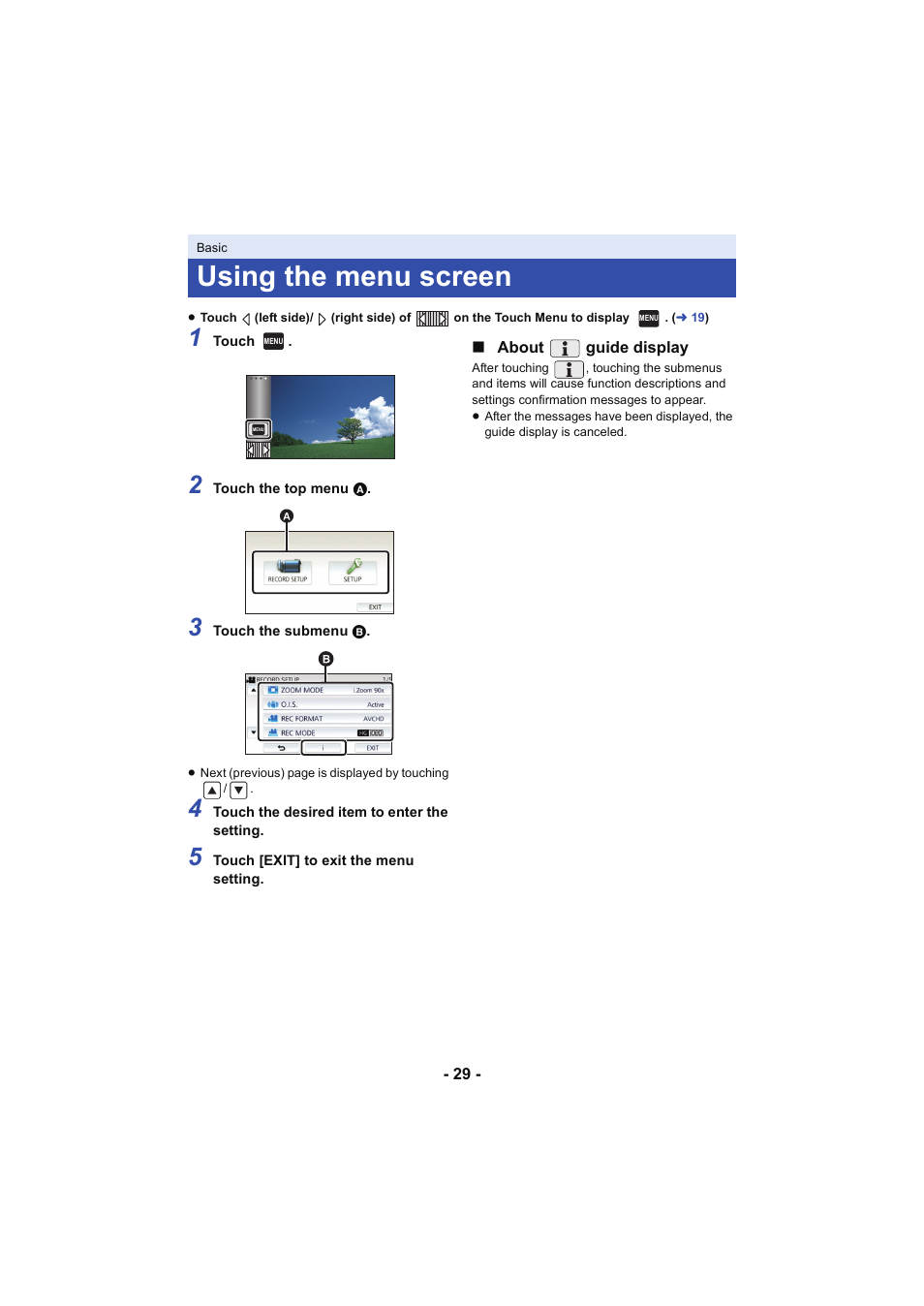 Using the menu screen, L 29 | Panasonic HC-V250K User Manual | Page 29 / 207