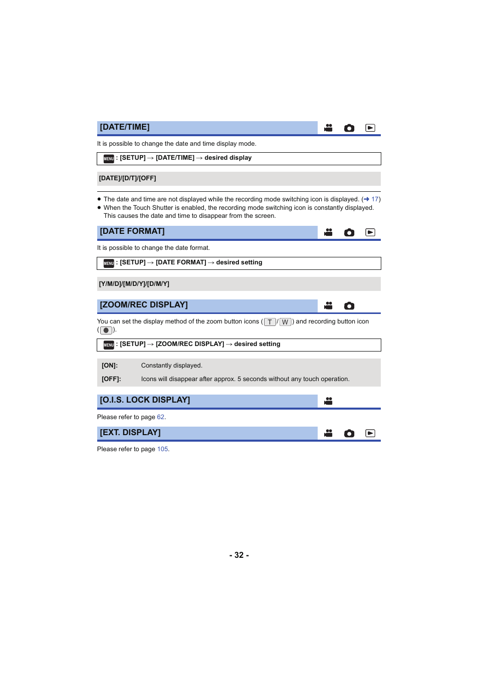 Date/time, Date format, Zoom/rec display | O.i.s. lock display] [ext. display | Panasonic HC-V250K User Manual | Page 32 / 207