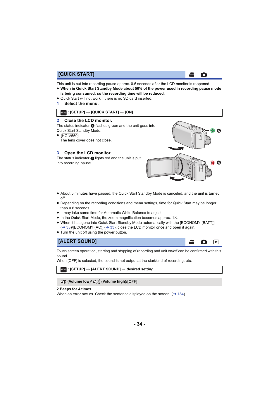 Quick start, Alert sound | Panasonic HC-V250K User Manual | Page 34 / 207