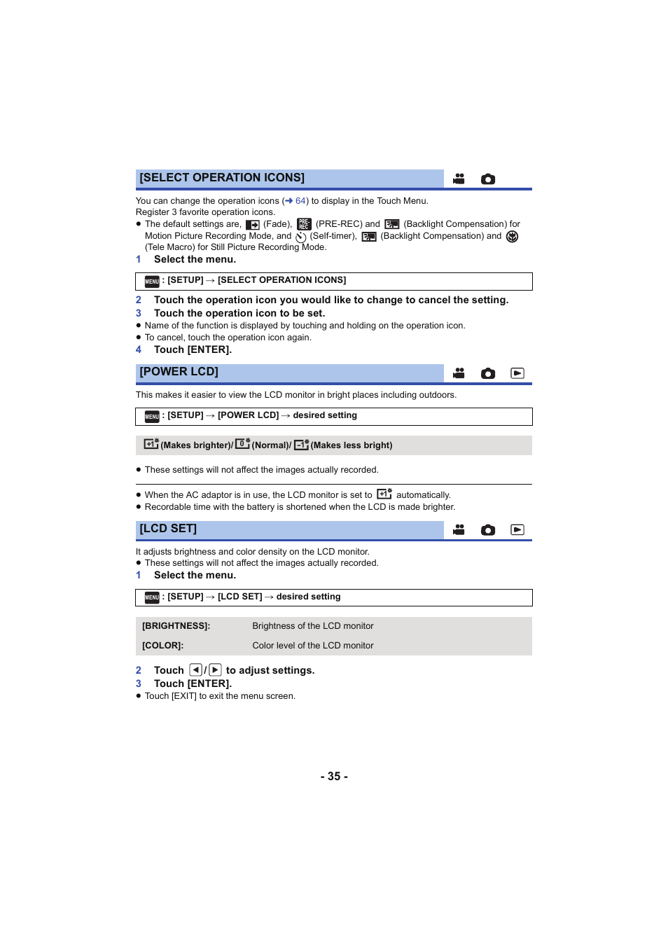 L 35, Select operation icons, Power lcd | Lcd set | Panasonic HC-V250K User Manual | Page 35 / 207