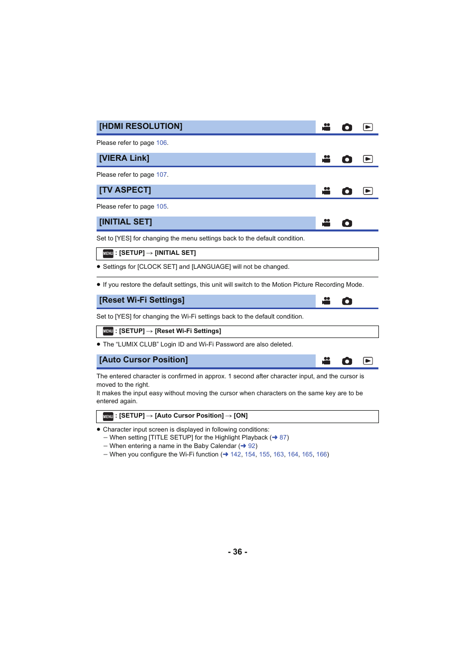 Reset wi-fi settings, Auto cursor position | Panasonic HC-V250K User Manual | Page 36 / 207