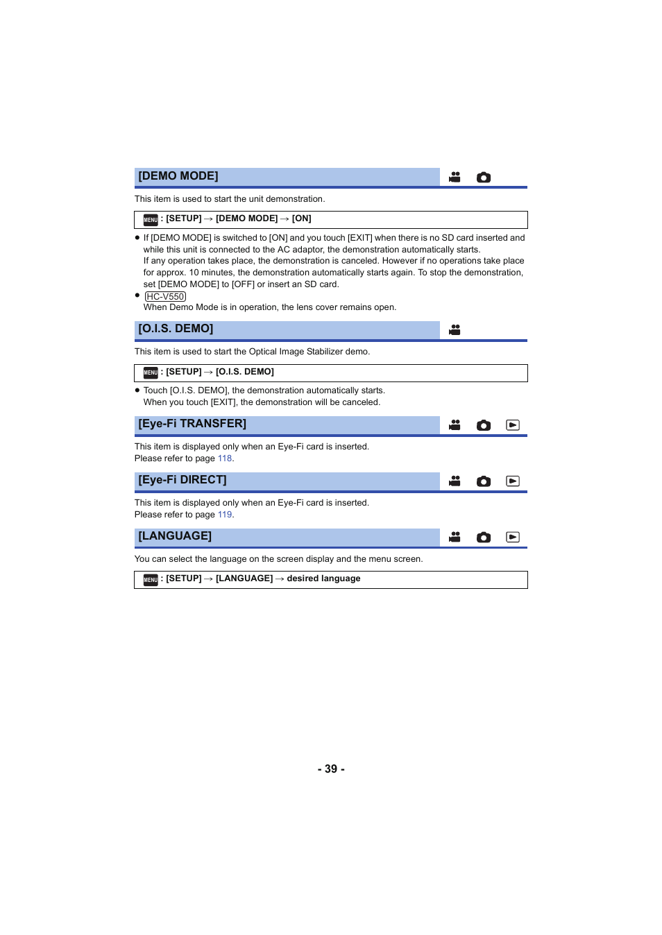 Demo mode, O.i.s. demo, Eye-fi transfer] [eye-fi direct] [language | Panasonic HC-V250K User Manual | Page 39 / 207