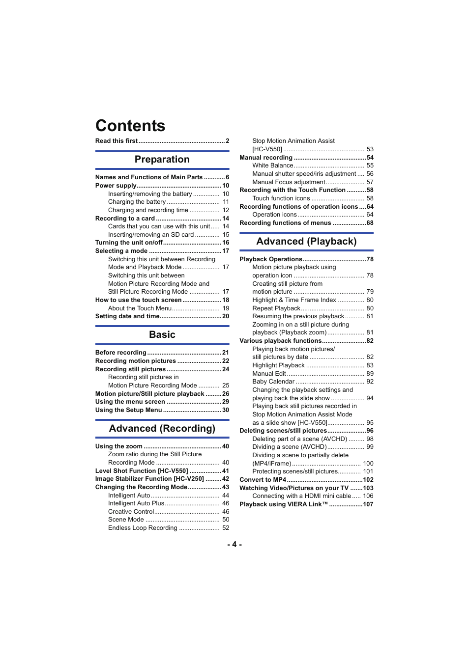Panasonic HC-V250K User Manual | Page 4 / 207