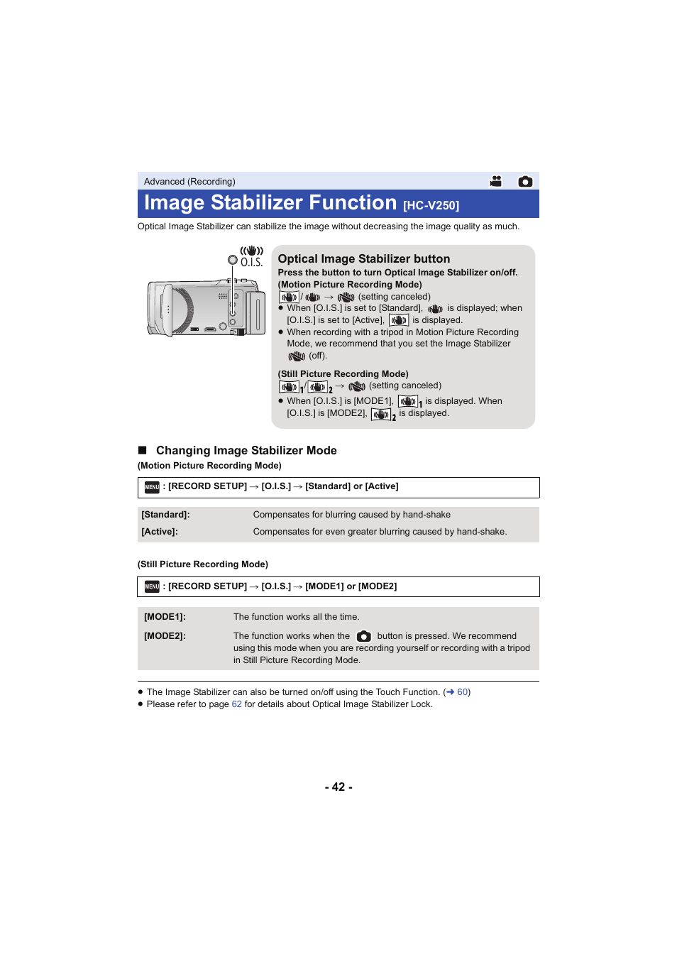 Image stabilizer function [hc-v250, L 42, Image stabilizer function | Changing image stabilizer mode, Hc-v250, Optical image stabilizer button | Panasonic HC-V250K User Manual | Page 42 / 207