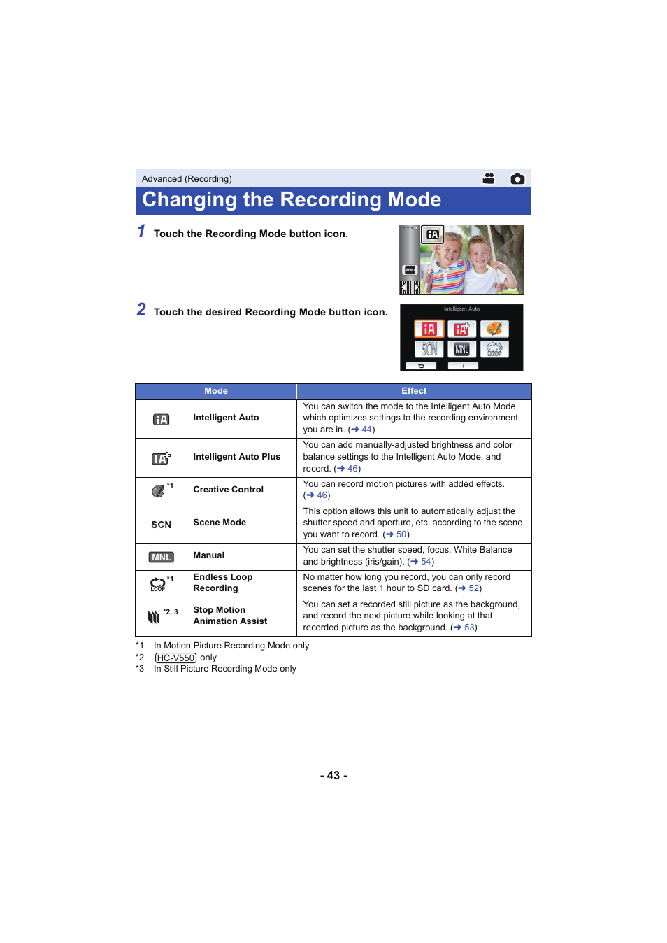 Changing the recording mode | Panasonic HC-V250K User Manual | Page 43 / 207