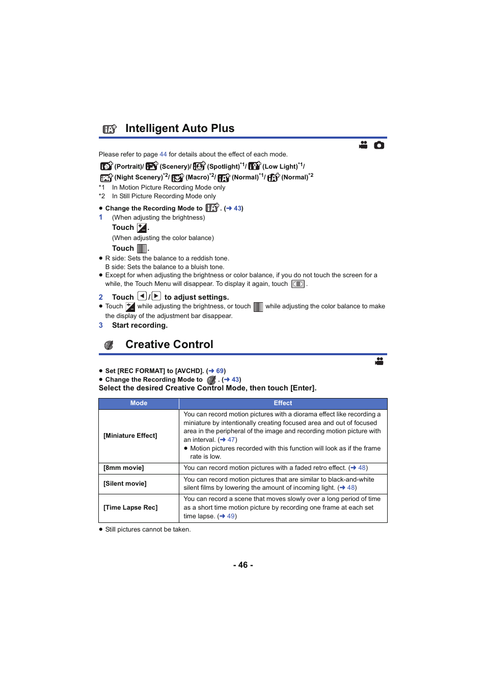 Intelligent auto plus, Creative control, Intelligent auto plus creative control | L 46 | Panasonic HC-V250K User Manual | Page 46 / 207