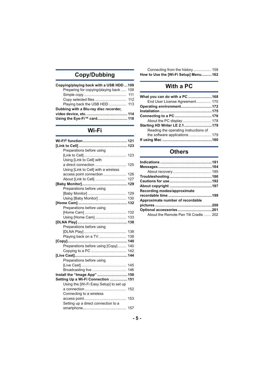 Copy/dubbing, Wi-fi, With a pc | Others | Panasonic HC-V250K User Manual | Page 5 / 207