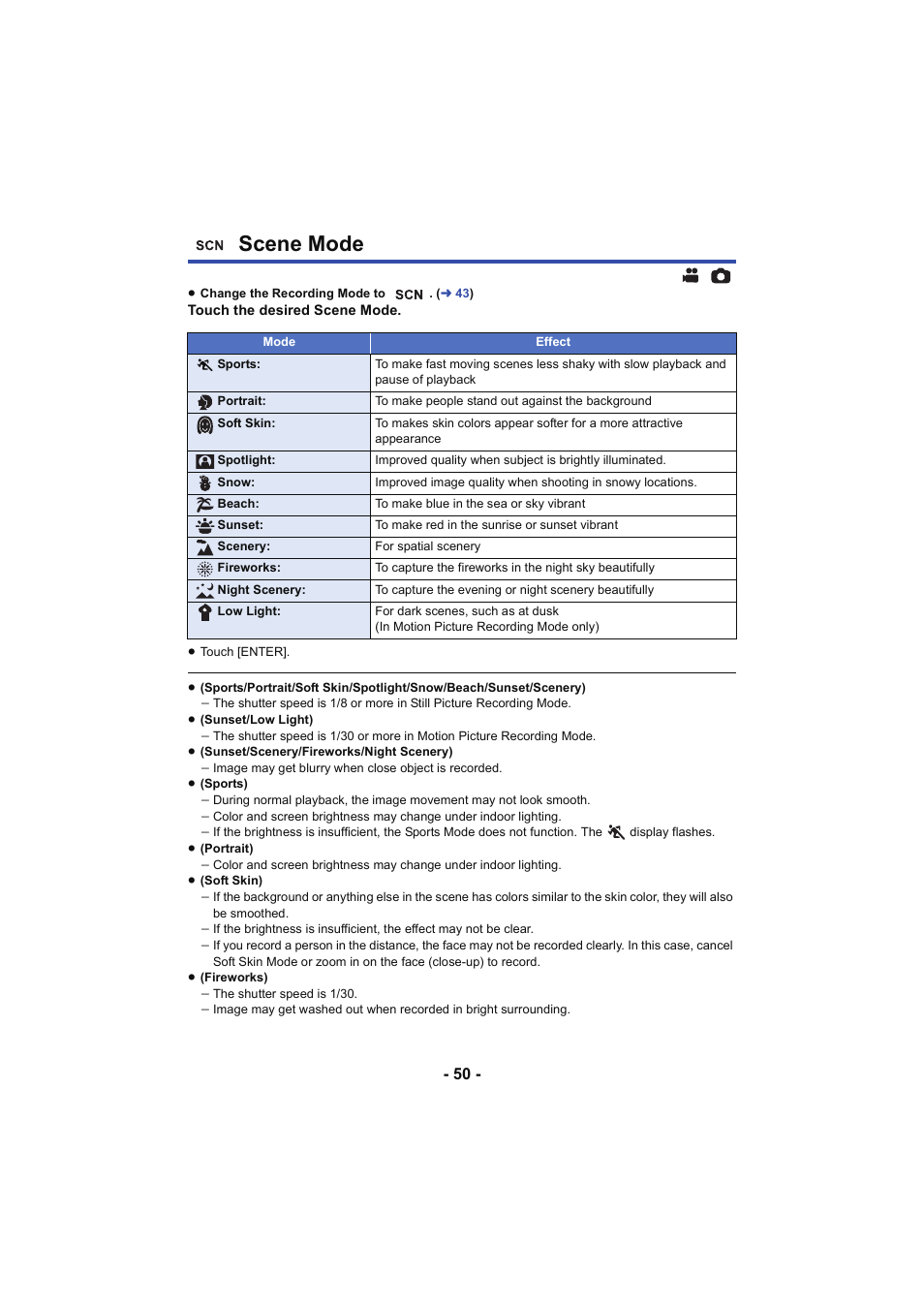 Scene mode, L 50 | Panasonic HC-V250K User Manual | Page 50 / 207
