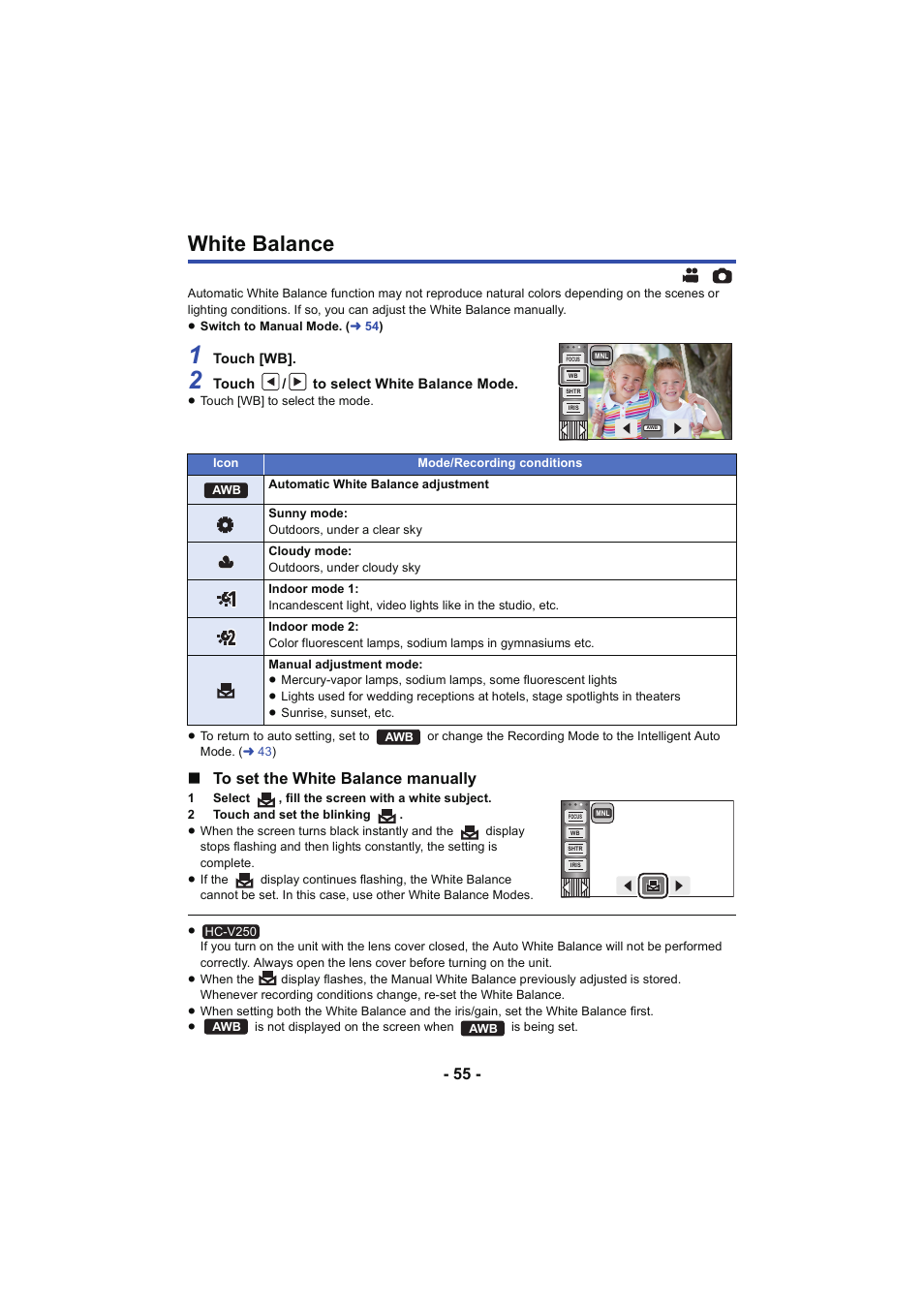 White balance, L 55 | Panasonic HC-V250K User Manual | Page 55 / 207