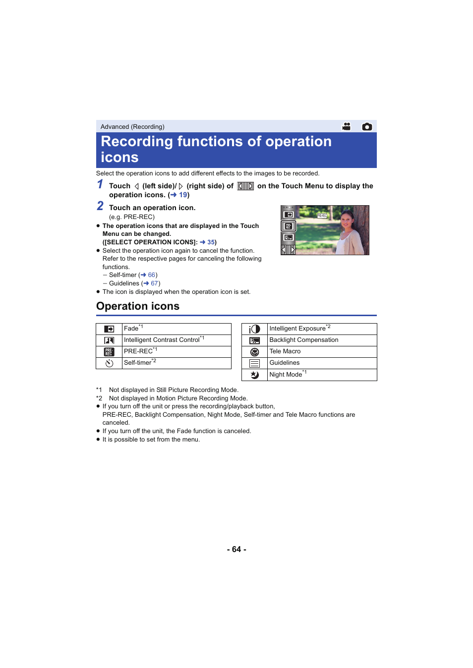 Recording functions of operation icons, Operation icons, L 64 | Panasonic HC-V250K User Manual | Page 64 / 207