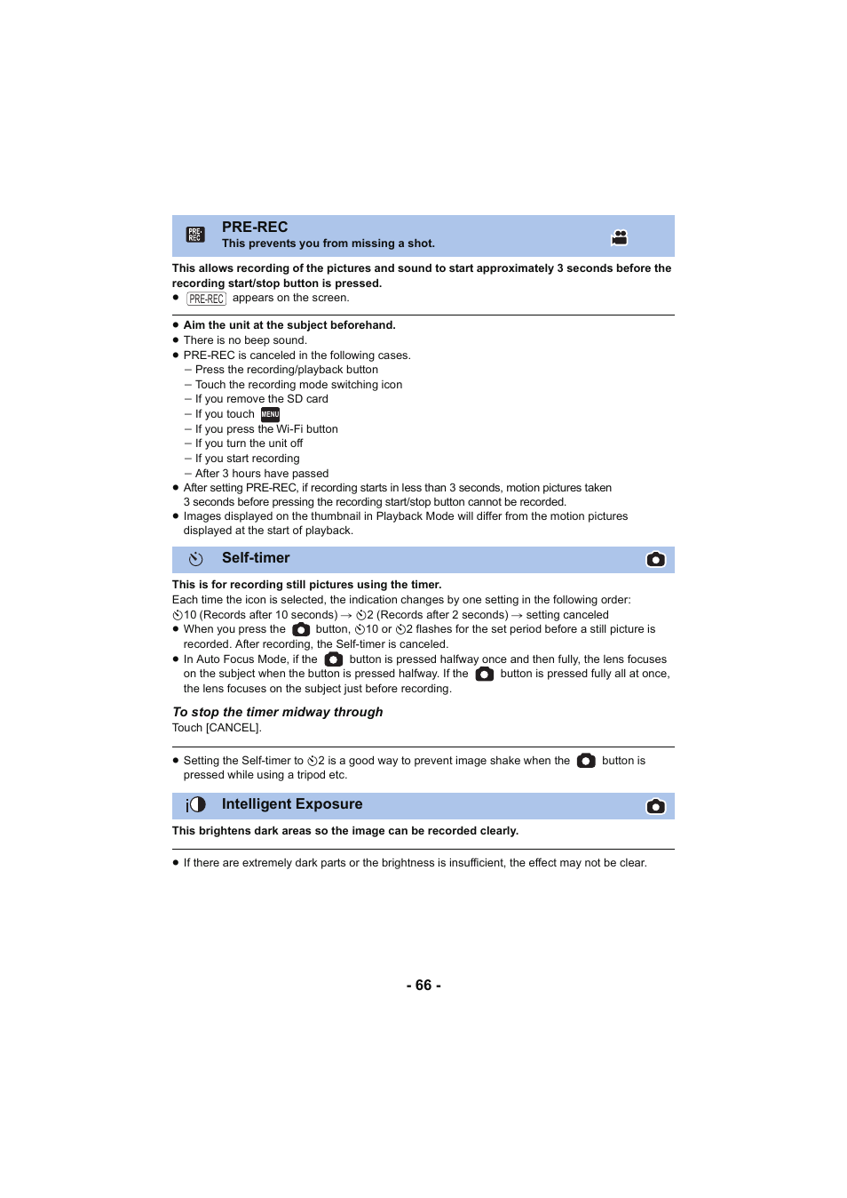 L 66, Pre-rec), Self-timer) | Self-timer, Pre-rec, Intelligent exposure, Self-timer intelligent exposure | Panasonic HC-V250K User Manual | Page 66 / 207